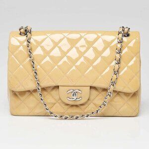Chanel Beige Quilted Patent Leather Classic Jumbo Double Flap Bag